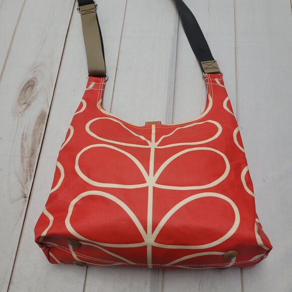 Etc Orla Kiely giant linear stem laminated cotton red orange crossbody bag purse - Picture 6 of 10